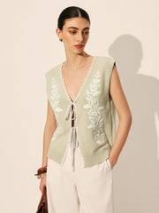 Embroidery Bow Floral Sweater Vest