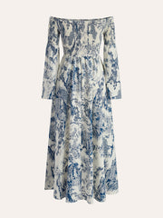 Print Off-Shoulder Smocked Sleeve Dress