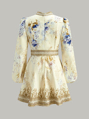 Floral Print Puffed Sleeve Dress With Belt