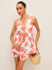 Floral Halter Neck Tie-Front Shorts Set