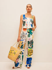 Graphic Print Crop Top With Wide-Leg Pants Set