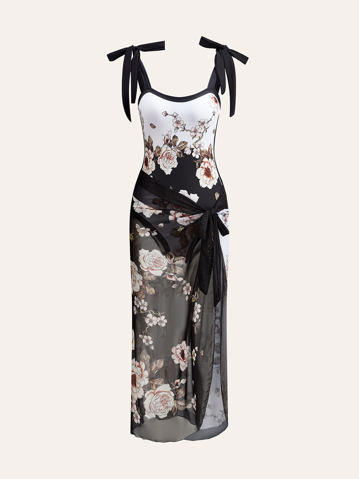 Floral Tie-Shoulder One-Piece Swimsuit With Cover-Up