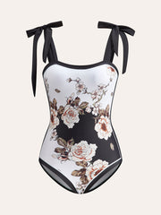 Floral Tie-Shoulder One-Piece Swimsuit With Cover-Up
