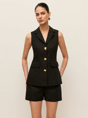 Cotton & Linen Button Detail Pockets Vest