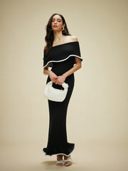 Color Block Off-Shoulder Ruffled Knit Dress
