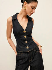 Denim Collared Vest With Floral Button Detail