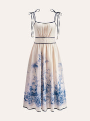 Color Block Floral Print Dress With Tie Straps