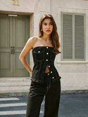 Cotton Strapless Button-Front Denim Top