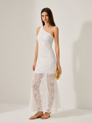 Semi-Sheer Lace One-Shoulder Dress