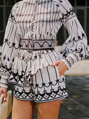 Linen Blend Long Sleeve Belted Shorts Set