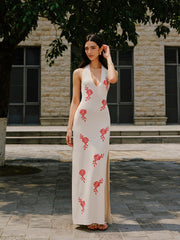 Embroidered Split Knit Halter Dress