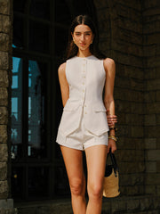 Linen & Cotton Button Sleeveless Shorts Set