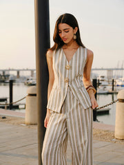 Linen & Cotton Metal Detail V- Neck Striped Vest