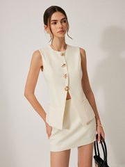 Button Detail Pockets Skirt Set