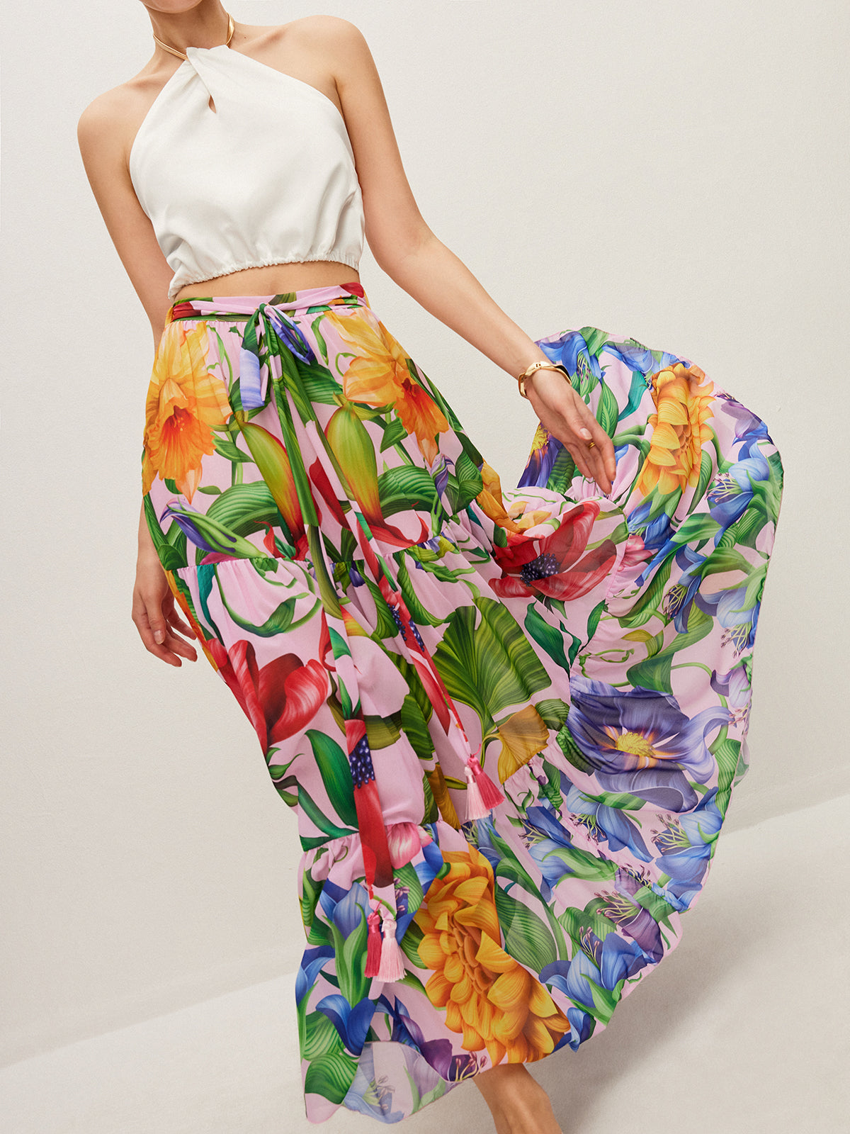 Semi-Sheer Floral Print Belted Chiffon Skirt
