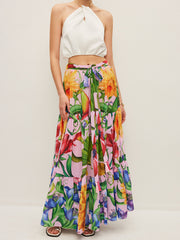 Semi-Sheer Floral Print Belted Chiffon Skirt