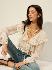 Semi-Sheer Chiffon Lace Detail Top