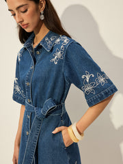 Embroidered Denim Shirt Dress With Belt