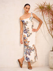 Boho Print Asymmetrical Neck Zipper Split Dress