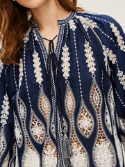 Semi-Sheer Embroidered Tie-Neck Blouse