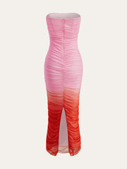 Color Block Gradient Strapless Ruched Mesh Split Dress