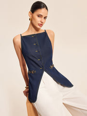 Button Detail Denim Shorts Set With Buckle Accents