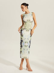 Floral Print Sleeveless Mesh Dress