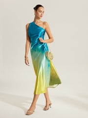 Gradient Satin One-Shoulder Dress With Back Twist Detail