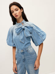 Denim Puff-Sleeve Top With Bow Detail