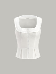 Pleated Square Neck Buttoned Top