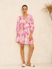 Floral Puff Sleeve Ruched V-Neck Dress