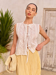 Semi-Sheer Embroidered Lace Tie Blouse