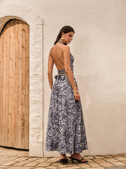Printed Halter Backless Skirt Set With Tie-Back