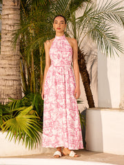 Halter Neck Printed Backless Dress With Pockets