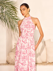 Halter Neck Printed Backless Dress With Pockets