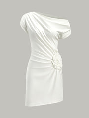 One-Shoulder Ruched Dress With Rosette Detail
