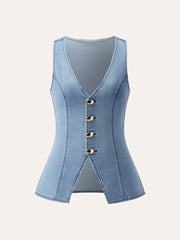 Metal Button Tie-Back Denim V-Neck Shorts Set