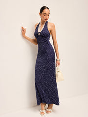 Lace Trim Halter Neck Printed Dress