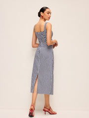 Sleeveless Gingham Dress With Asymmetric Pleats