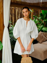 Cotton-Linen Blend V-Neck Puff Sleeve Dress