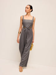 Square Neck Belted Jumpsuit With Beaded Waist Tie