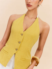 Cotton & Linen Halter Top With Decor Pocket