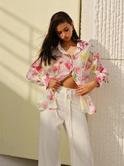 Semi-Sheer Floral Print Long-Sleeve Button Shirt