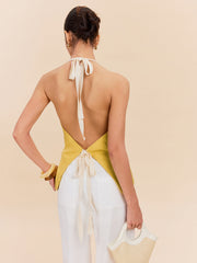 Cotton & Linen Halter Top With Decor Pocket