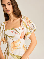 Floral Puff Sleeve Backless Dress