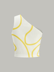 One-Shoulder Abstract Print Crop Top and Tiered Maxi Skirt Set