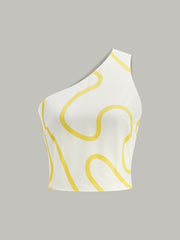 One-Shoulder Abstract Print Crop Top and Tiered Maxi Skirt Set