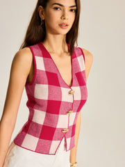 Checkerboard Button-Front Knit Vest
