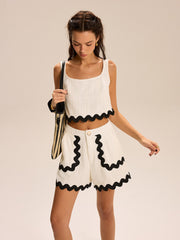 Cropped Tank Top And Scalloped-Trim Shorts Set