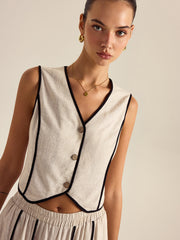 Linen & Cotton Striped Pants Set With Elastic Waist